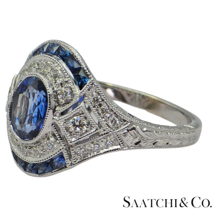 18K (750) White Gold Natural Diamond & Blue Sapphire Ring