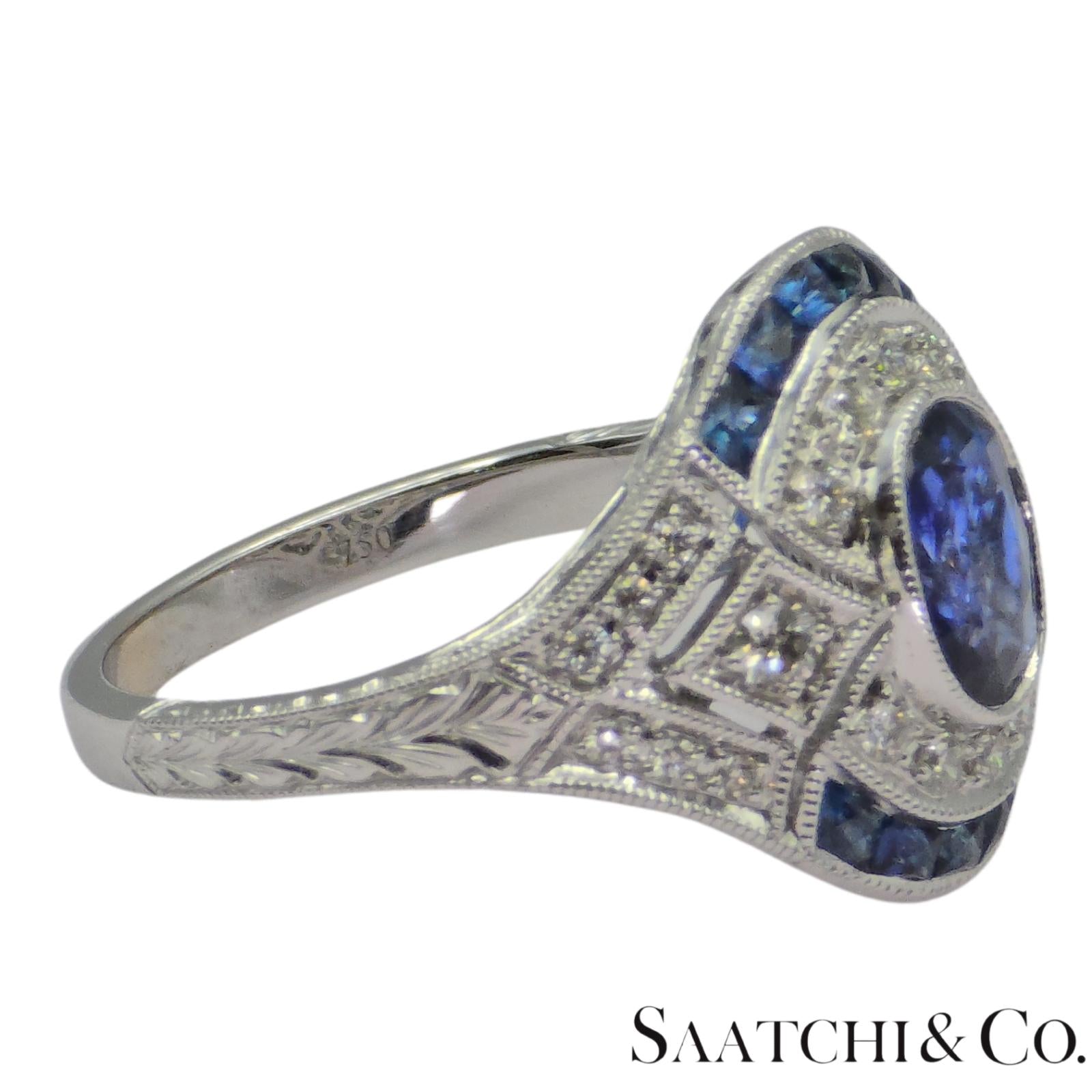 18K (750) White Gold Natural Diamond & Blue Sapphire Ring