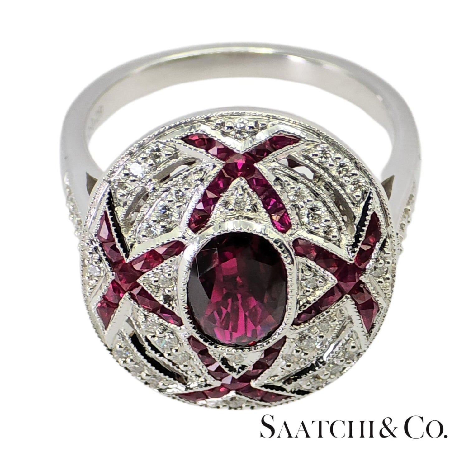 18K (750) White Gold Natural White VVS Diamond & Ruby Ring Size 7