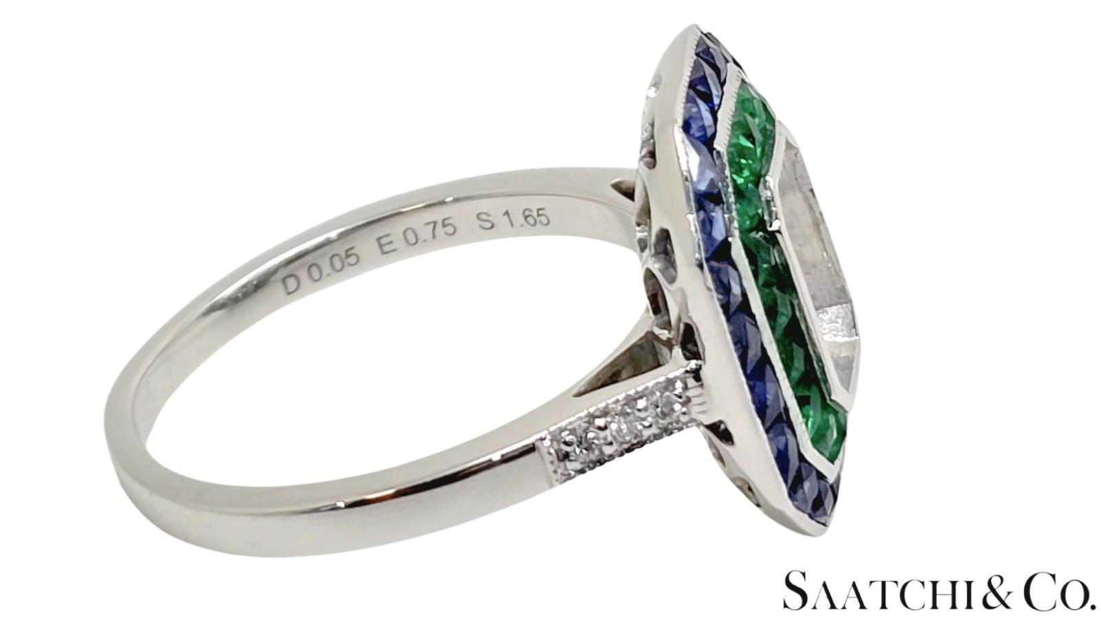 18K White Gold, Natural Diamond Emerald and Sapphire ring Mount, 4.3 Grams