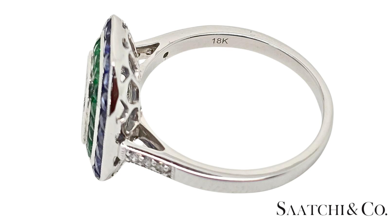 18K White Gold, Natural Diamond Emerald and Sapphire ring Mount, 4.3 Grams