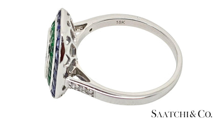18K White Gold, Natural Diamond Emerald and Sapphire ring Mount, 4.3 Grams