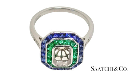 18K White Gold, Natural Diamond Emerald and Sapphire ring Mount, 4.3 Grams