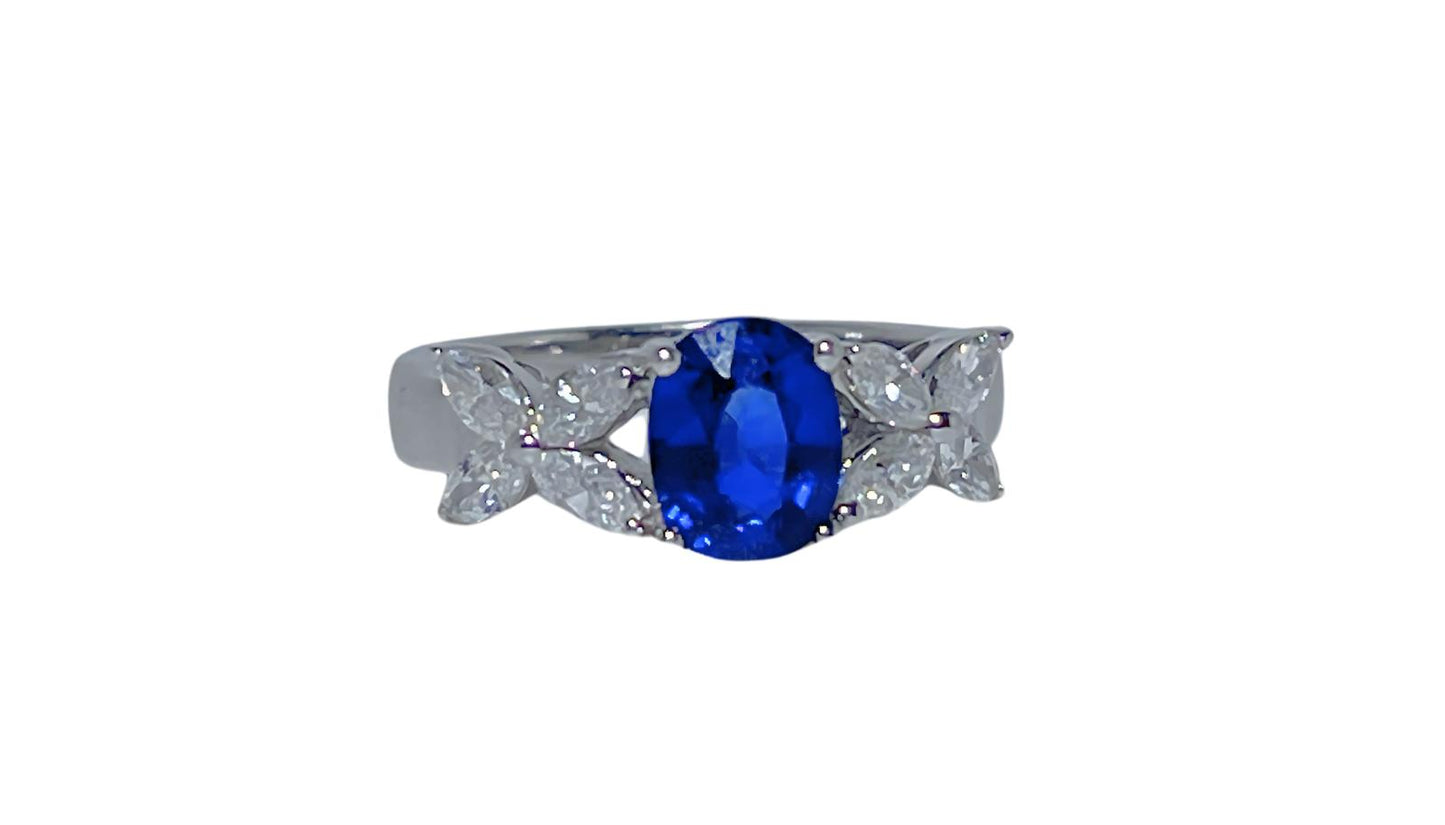 18 K White Gold Diamond - GIA Certified Blue Sapphire Ring