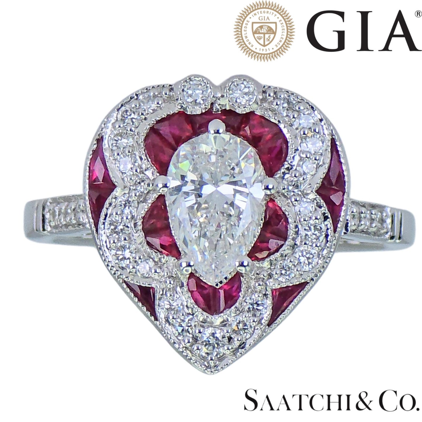 18k (750) White Gold - Pear Shape Ring: Natural Diamond and Ruby