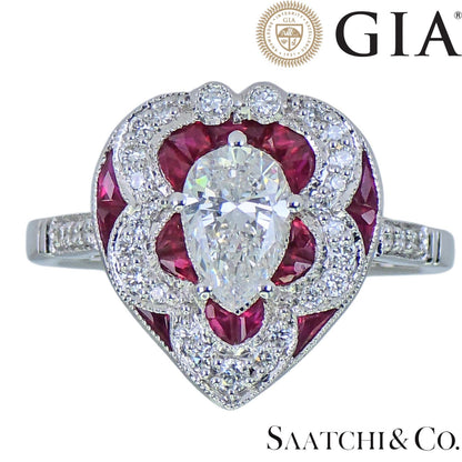 18k (750) White Gold - Pear Shape Ring: Natural Diamond and Ruby