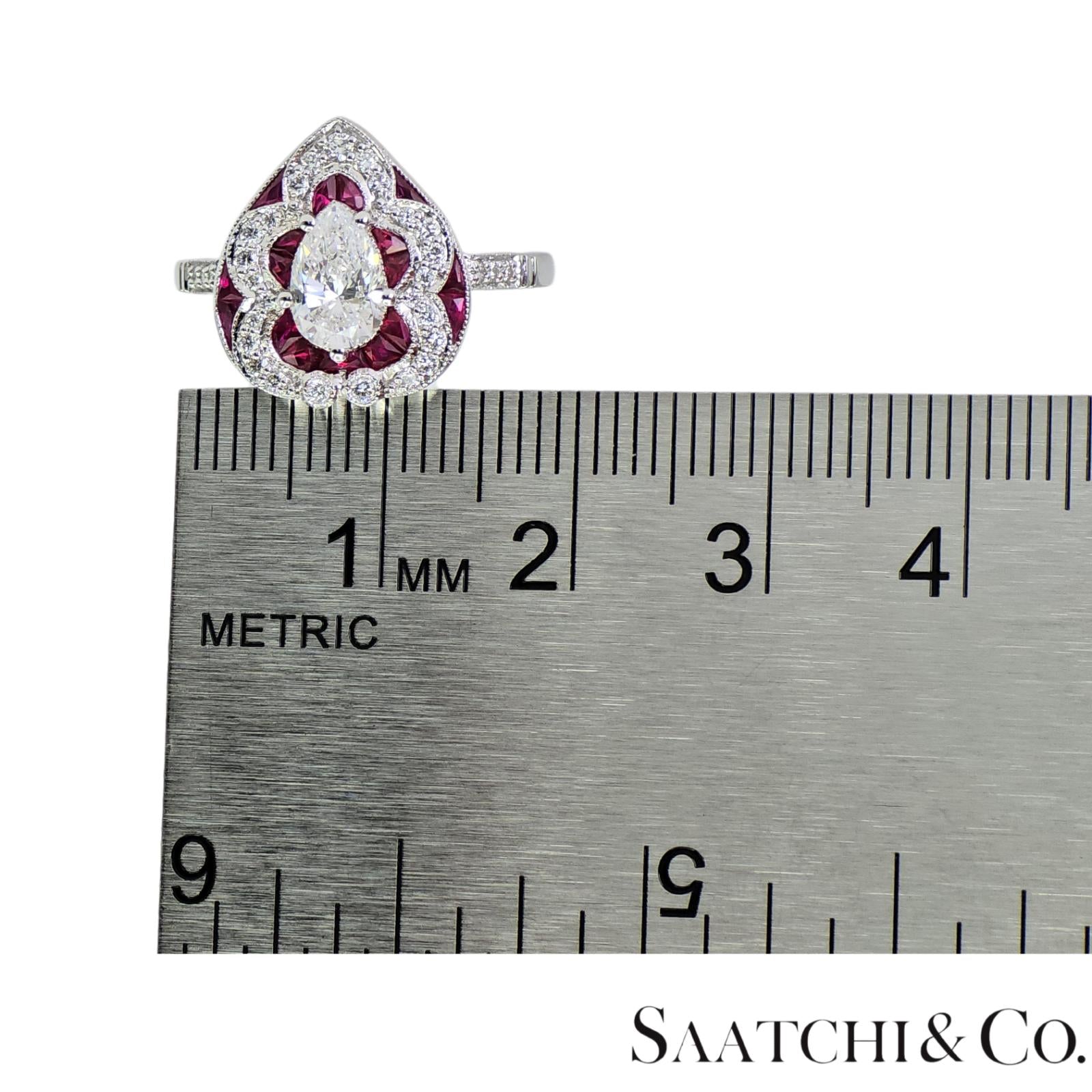 18k (750) White Gold - Pear Shape Ring: Natural Diamond and Ruby
