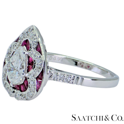 18k (750) White Gold - Pear Shape Ring: Natural Diamond and Ruby