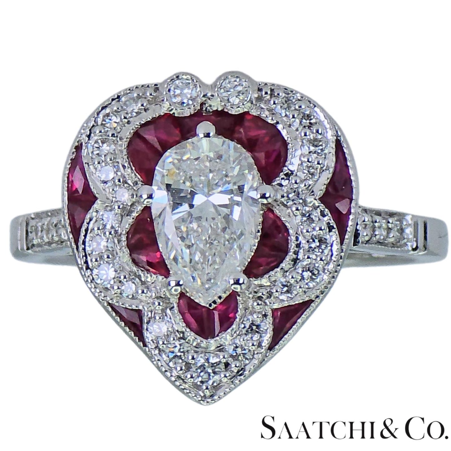 18k (750) White Gold - Pear Shape Ring: Natural Diamond and Ruby
