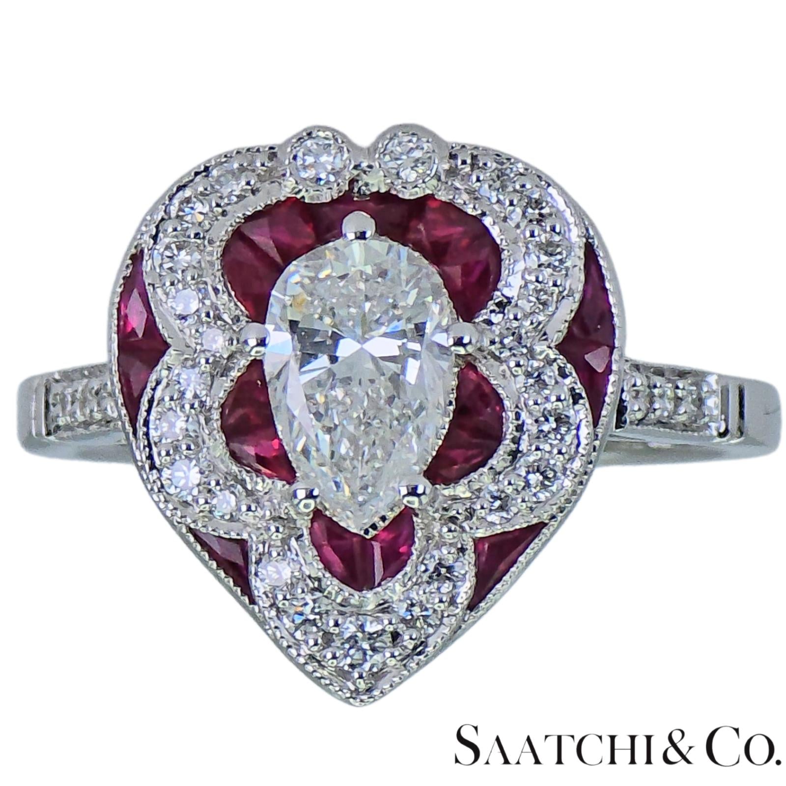 18k (750) White Gold - Pear Shape Ring: Natural Diamond and Ruby
