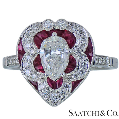 18k (750) White Gold - Pear Shape Ring: Natural Diamond and Ruby