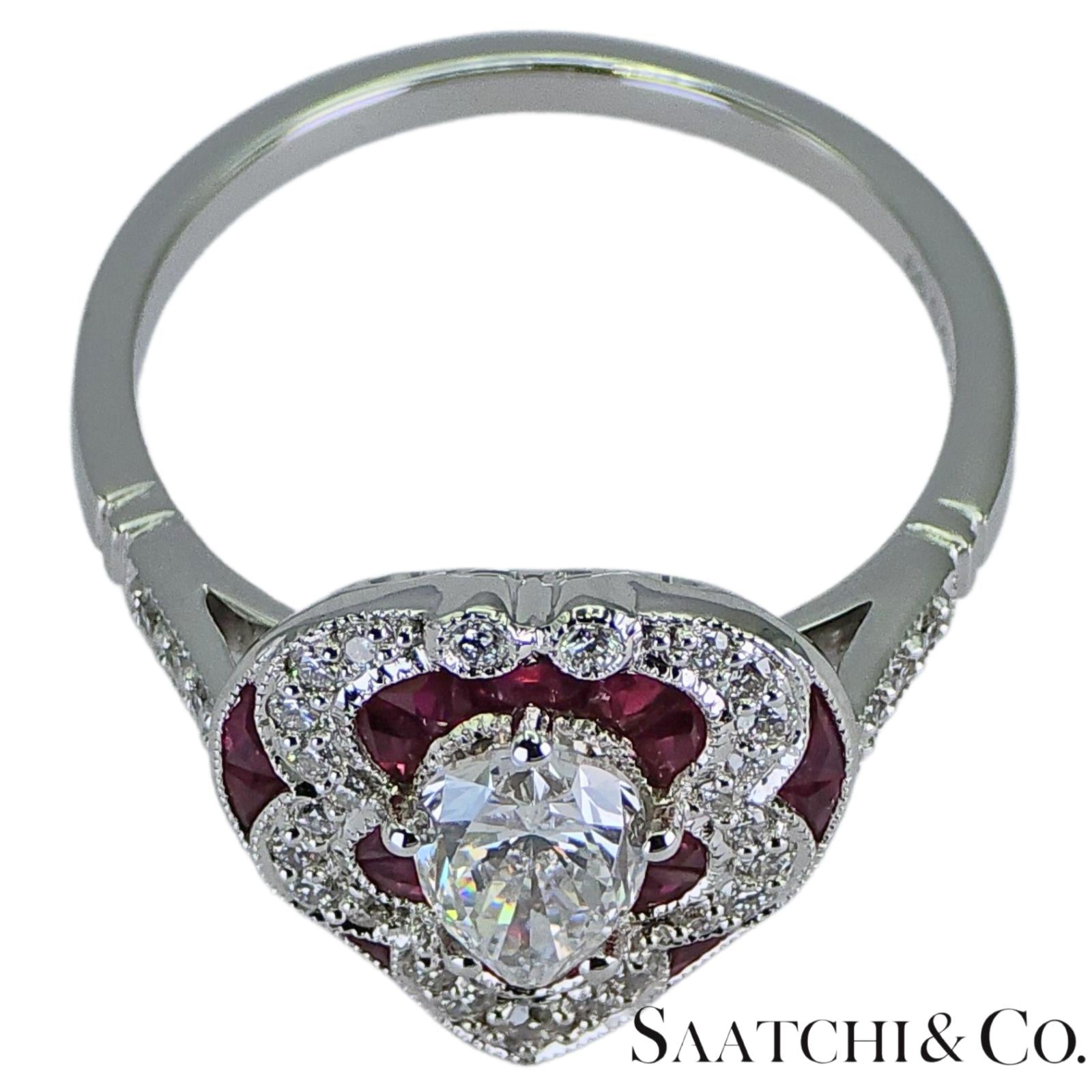18k (750) White Gold - Pear Shape Ring: Natural Diamond and Ruby