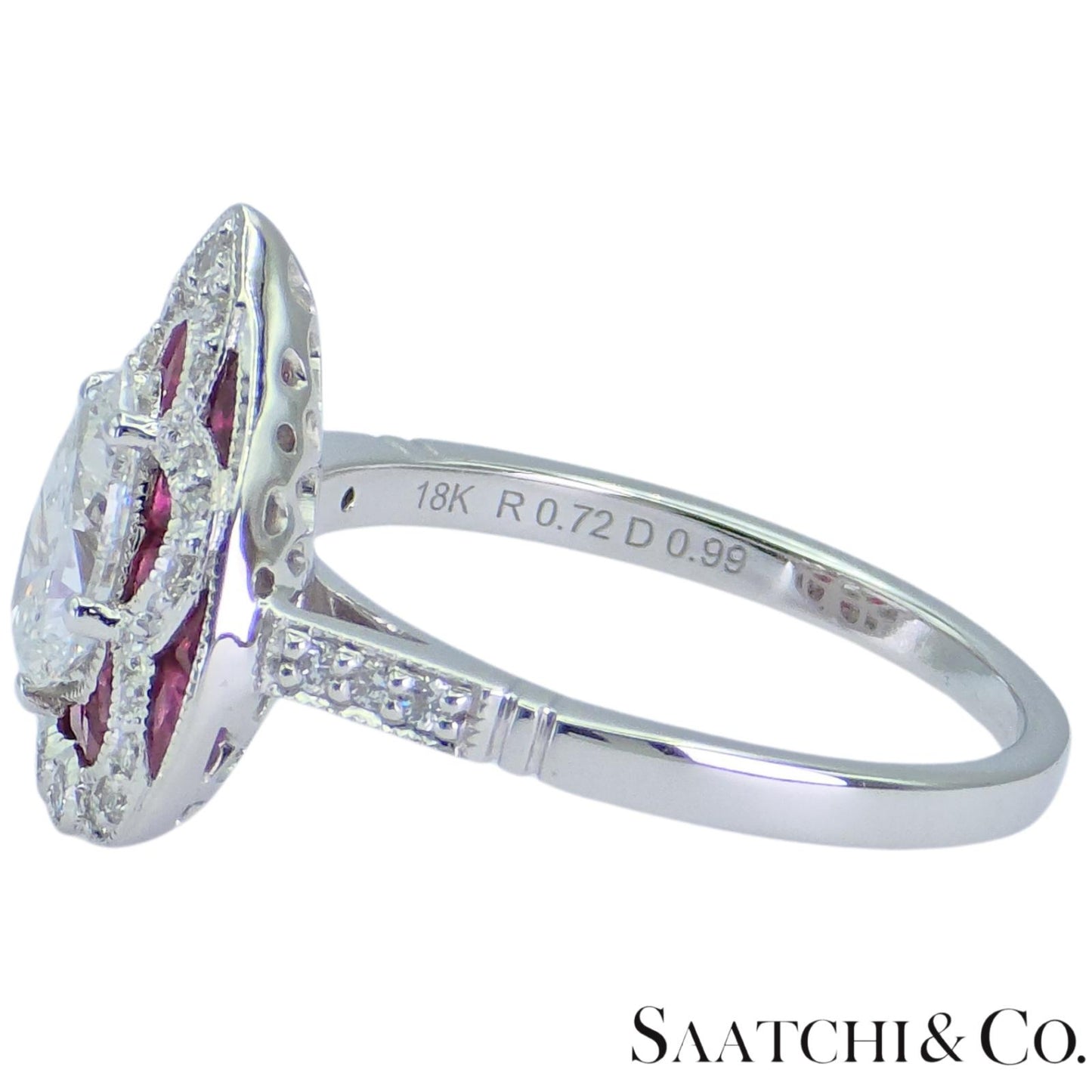 18k (750) White Gold - Pear Shape Ring: Natural Diamond and Ruby