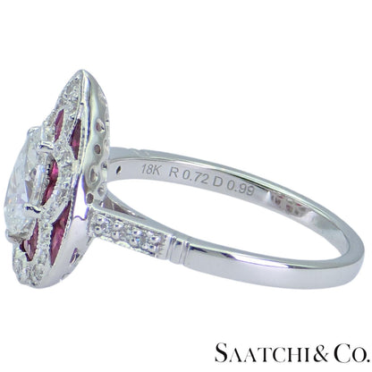 18k (750) White Gold - Pear Shape Ring: Natural Diamond and Ruby