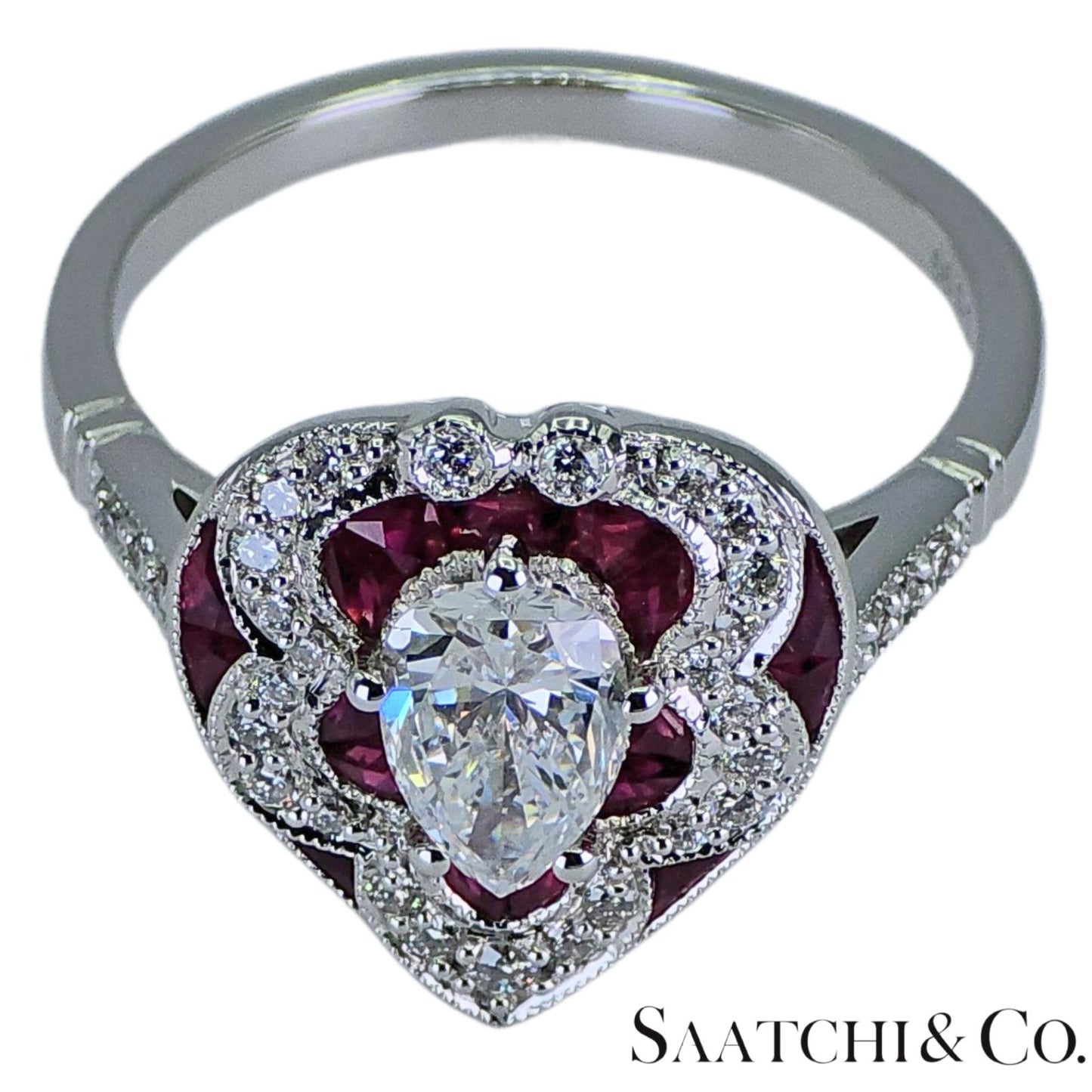 18k (750) White Gold - Pear Shape Ring: Natural Diamond and Ruby