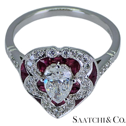 18k (750) White Gold - Pear Shape Ring: Natural Diamond and Ruby