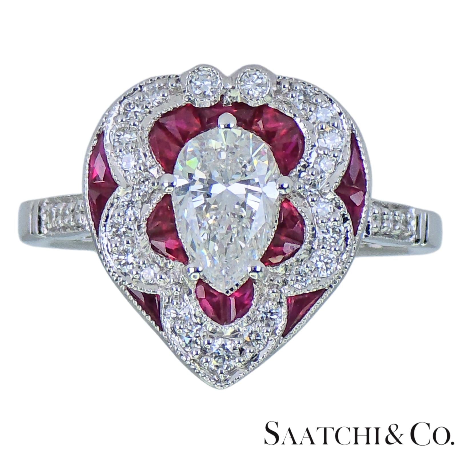 18k (750) White Gold - Pear Shape Ring: Natural Diamond and Ruby