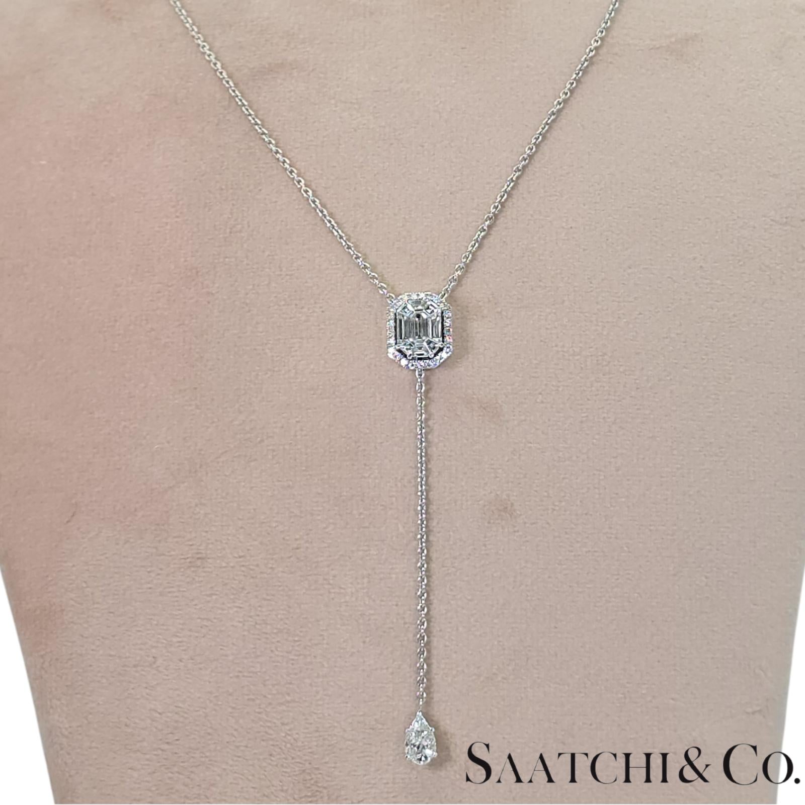 18k (750) White Gold Natural Diamond Illusion Emerald Pendant with Chain