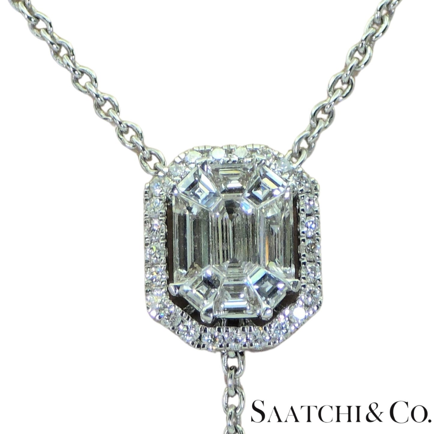 18k (750) White Gold Natural Diamond Illusion Emerald Pendant with Chain