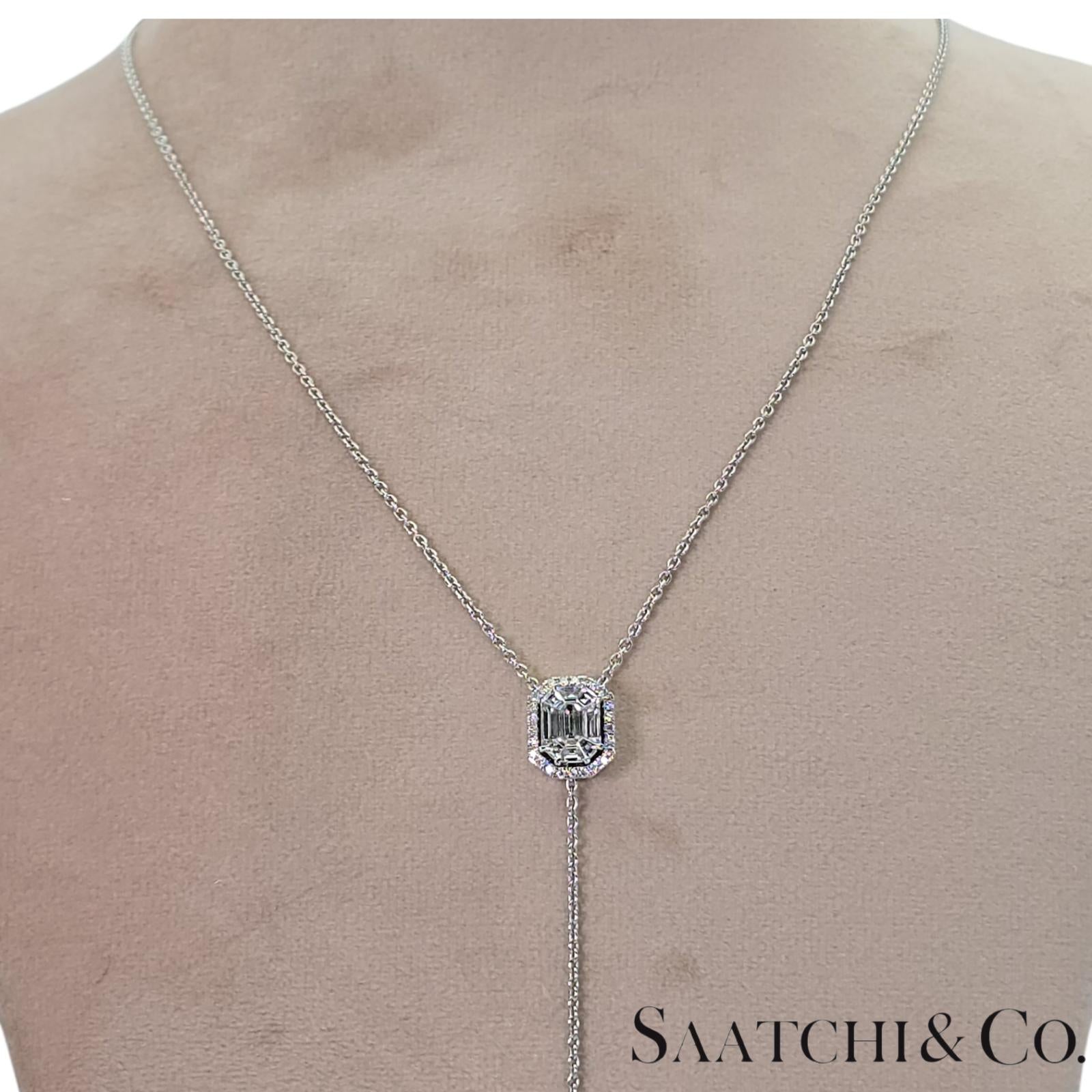 18k (750) White Gold Natural Diamond Illusion Emerald Pendant with Chain