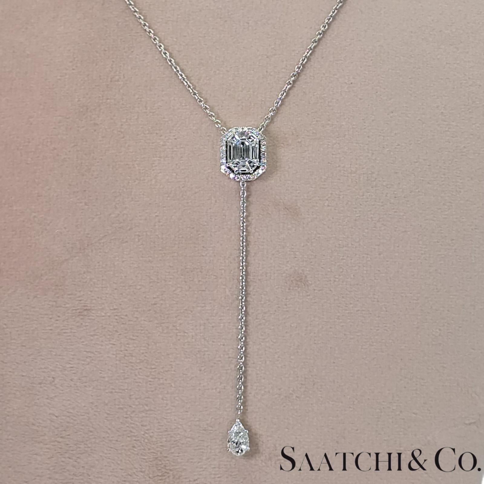 18k (750) White Gold Natural Diamond Illusion Emerald Pendant with Chain