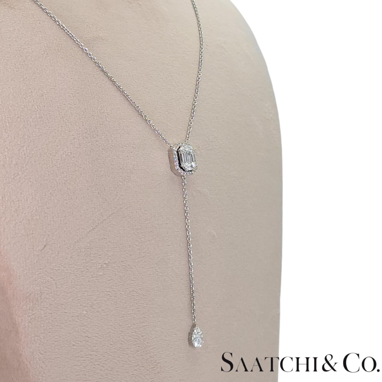 18k (750) White Gold Natural Diamond Illusion Emerald Pendant with Chain