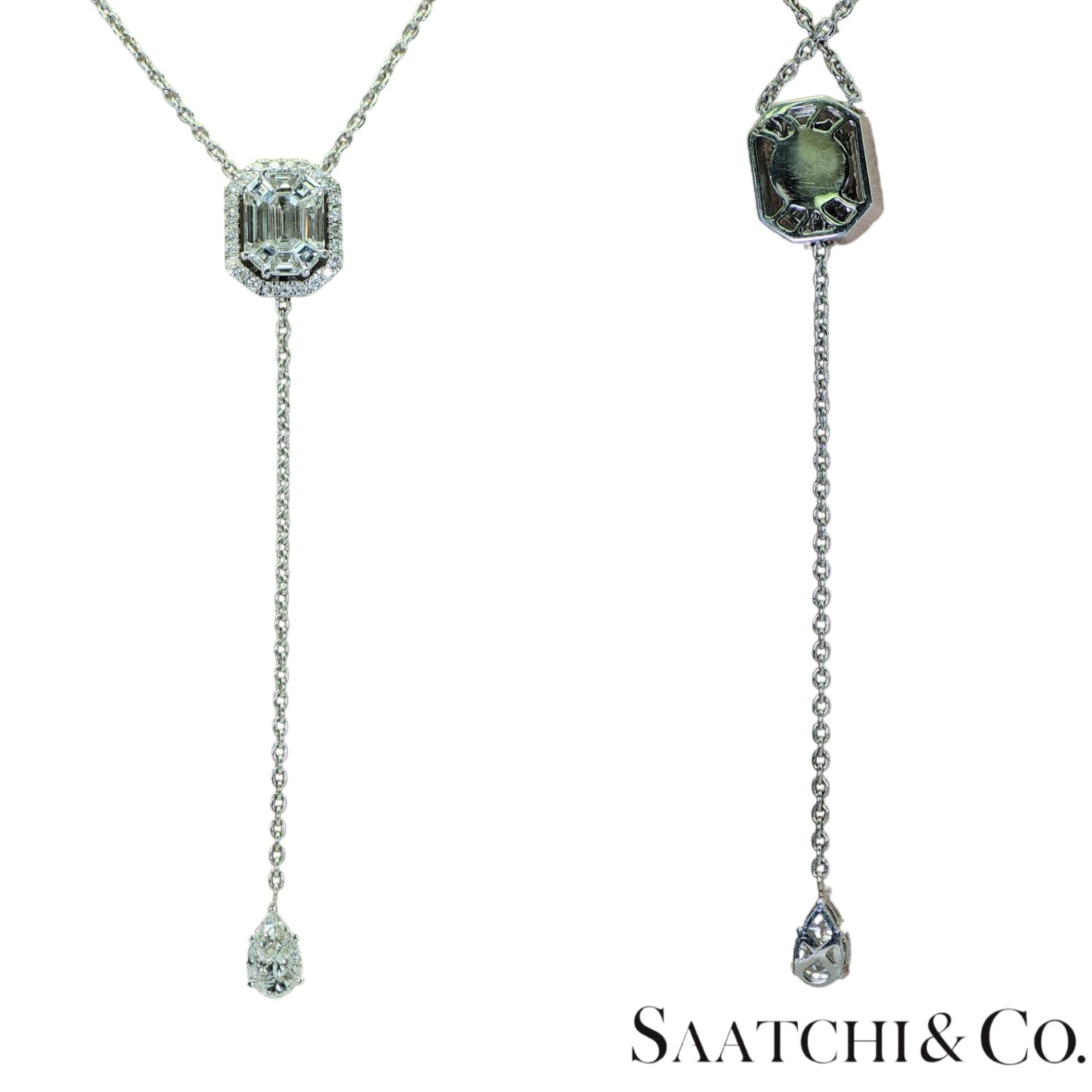 18k (750) White Gold Natural Diamond Illusion Emerald Pendant with Chain