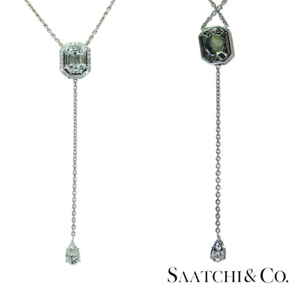 18k (750) White Gold Natural Diamond Illusion Emerald Pendant with Chain