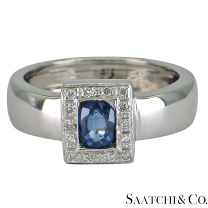 18k (750) White Gold Natural Oval Sapphire And Natural Diamond Ring