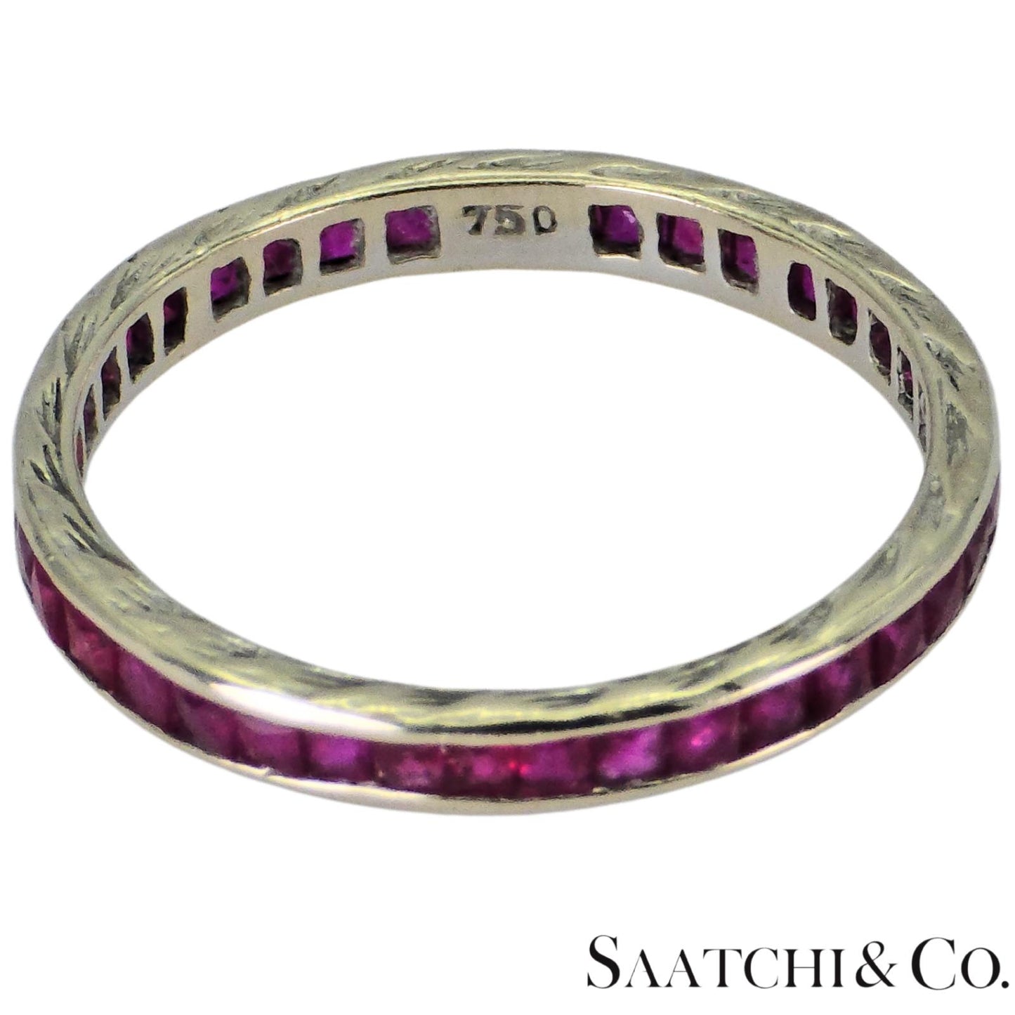 18k (750) White Gold Ruby Wedding Band Engraved, Size 6.5