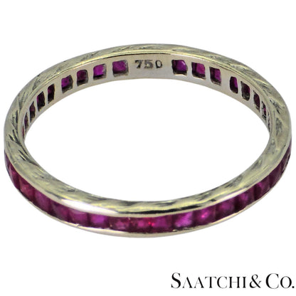 18k (750) White Gold Ruby Wedding Band Engraved, Size 6.5