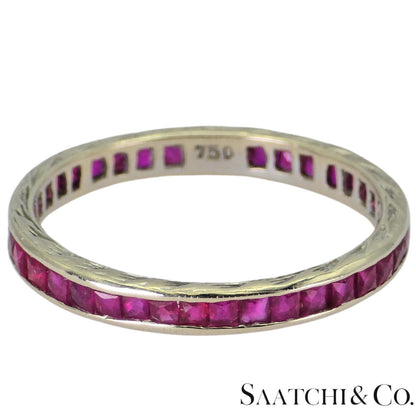 18k (750) White Gold Ruby Wedding Band Engraved, Size 6.5