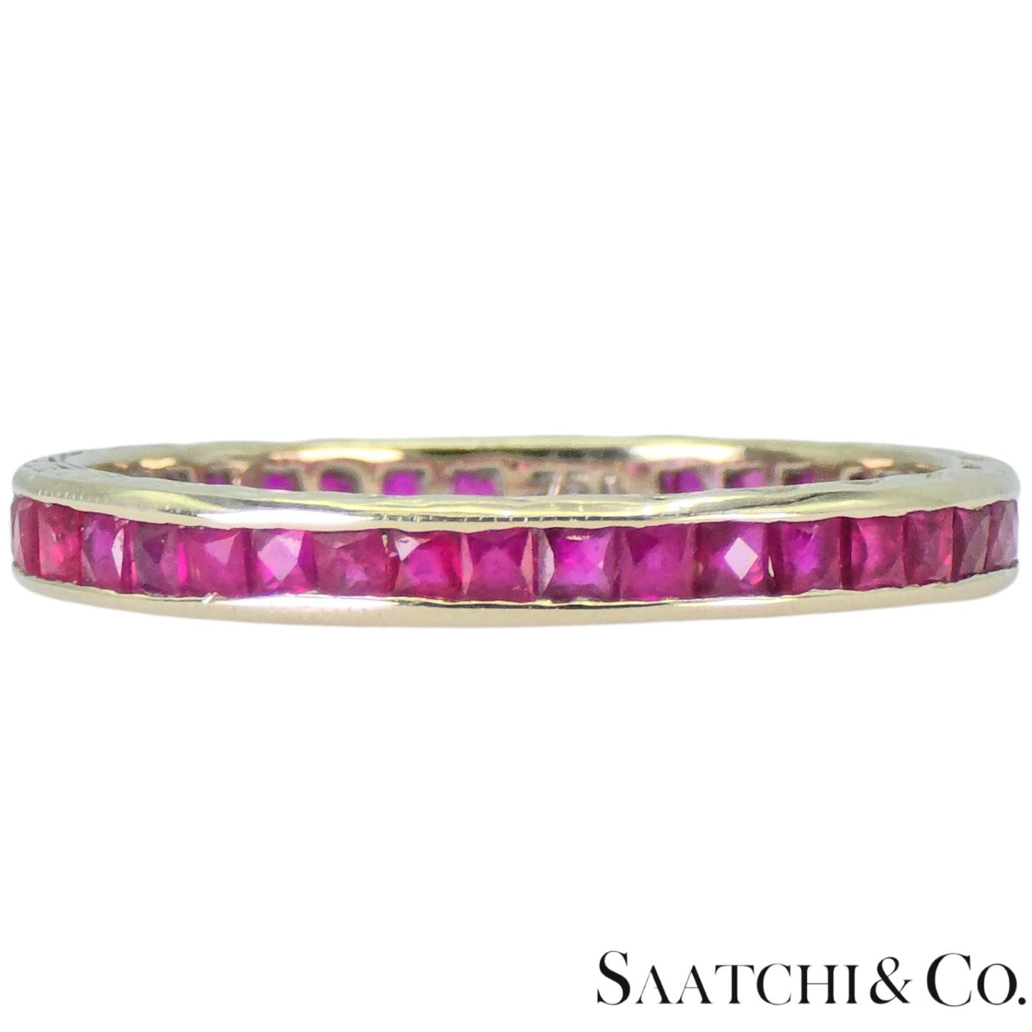 18k (750) White Gold Ruby Wedding Band Engraved, Size 6.5