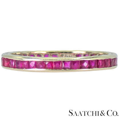 18k (750) White Gold Ruby Wedding Band Engraved, Size 6.5