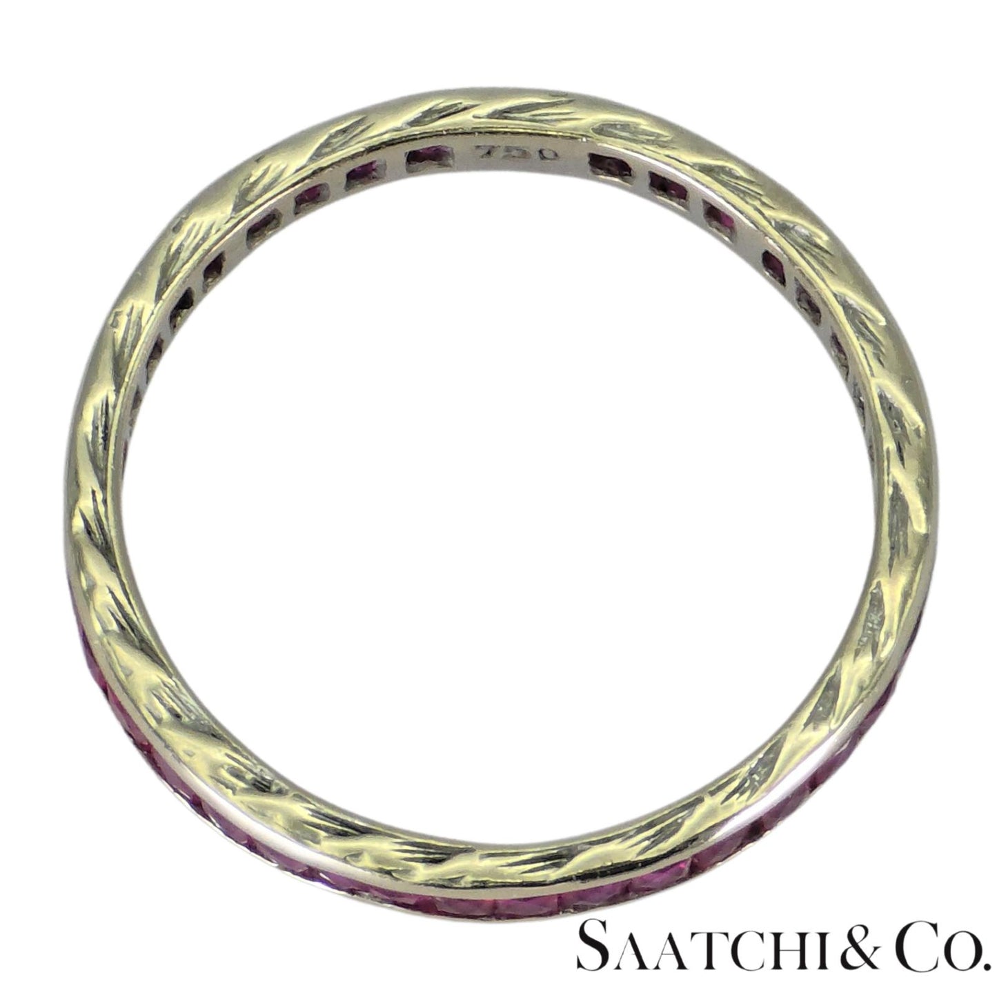 18k (750) White Gold Ruby Wedding Band Engraved, Size 6.5