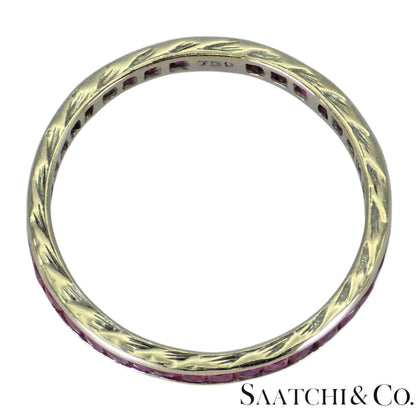 18k (750) White Gold Ruby Wedding Band Engraved, Size 6.5