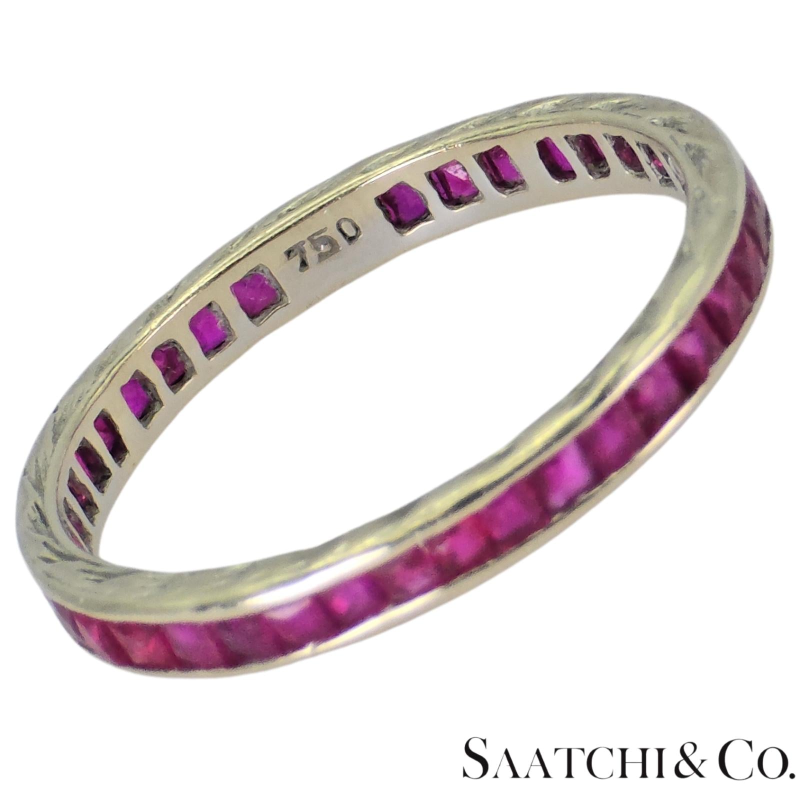 18k (750) White Gold Ruby Wedding Band Engraved, Size 6.5
