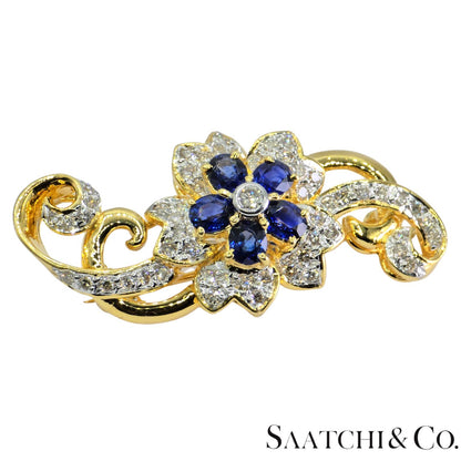 18k (750) Yellow Gold Natural White VVS Diamond & Blue Sapphire Brooch