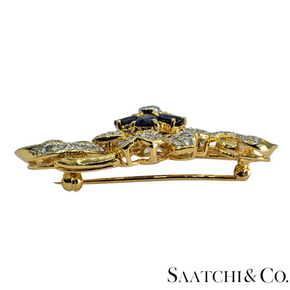 18k (750) Yellow Gold Natural White VVS Diamond & Blue Sapphire Brooch
