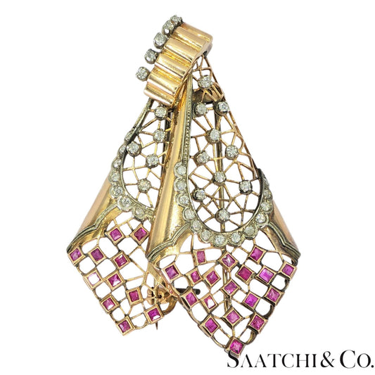 18k Vintage Pink And White Gold Natural Diamond and Pink Sapphire: Pin/ Brooch