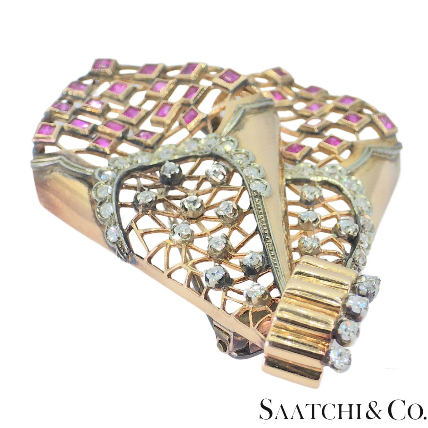 18k Vintage Pink And White Gold Natural Diamond and Pink Sapphire: Pin/ Brooch