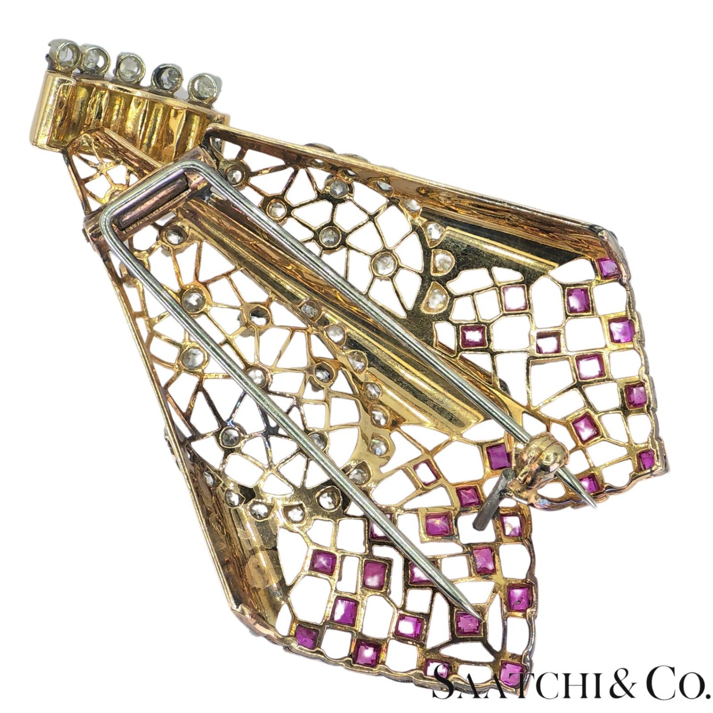 18k Vintage Pink And White Gold Natural Diamond and Pink Sapphire: Pin/ Brooch