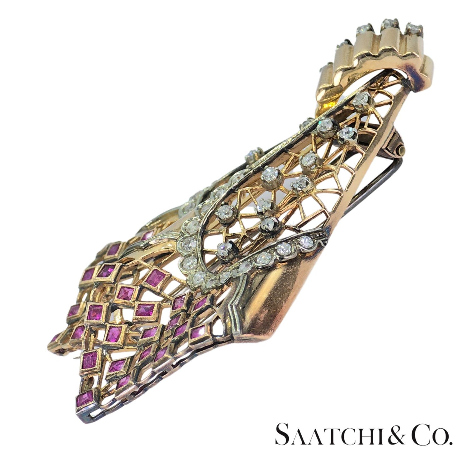 18k Vintage Pink And White Gold Natural Diamond and Pink Sapphire: Pin/ Brooch