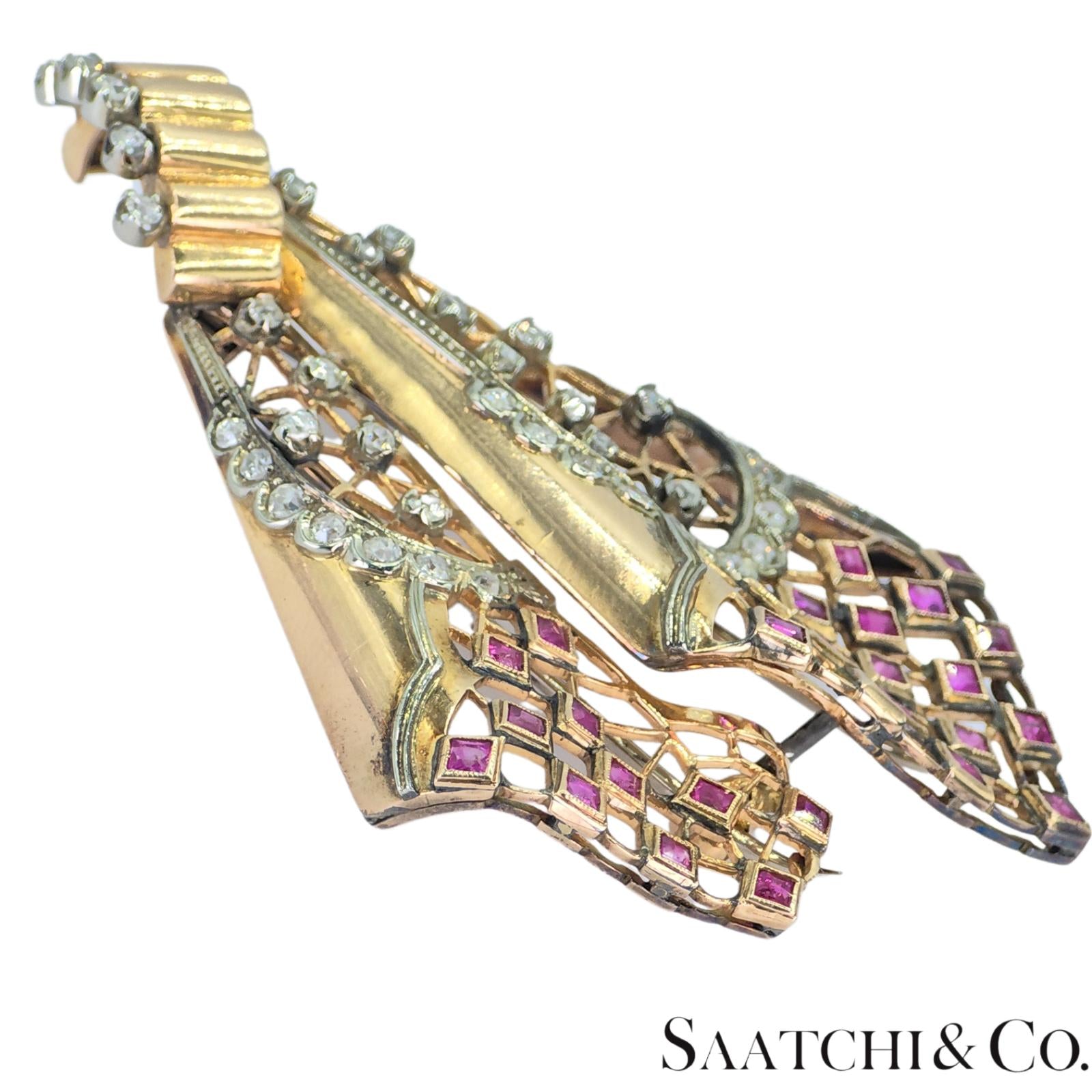 18k Vintage Pink And White Gold Natural Diamond and Pink Sapphire: Pin/ Brooch