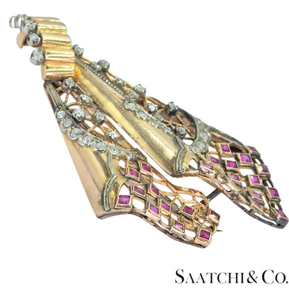 18k Vintage Pink And White Gold Natural Diamond and Pink Sapphire: Pin/ Brooch