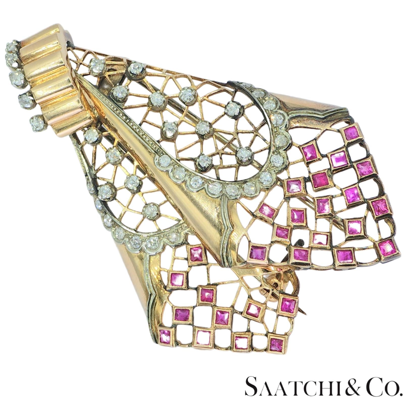 18k Vintage Pink And White Gold Natural Diamond and Pink Sapphire: Pin/ Brooch