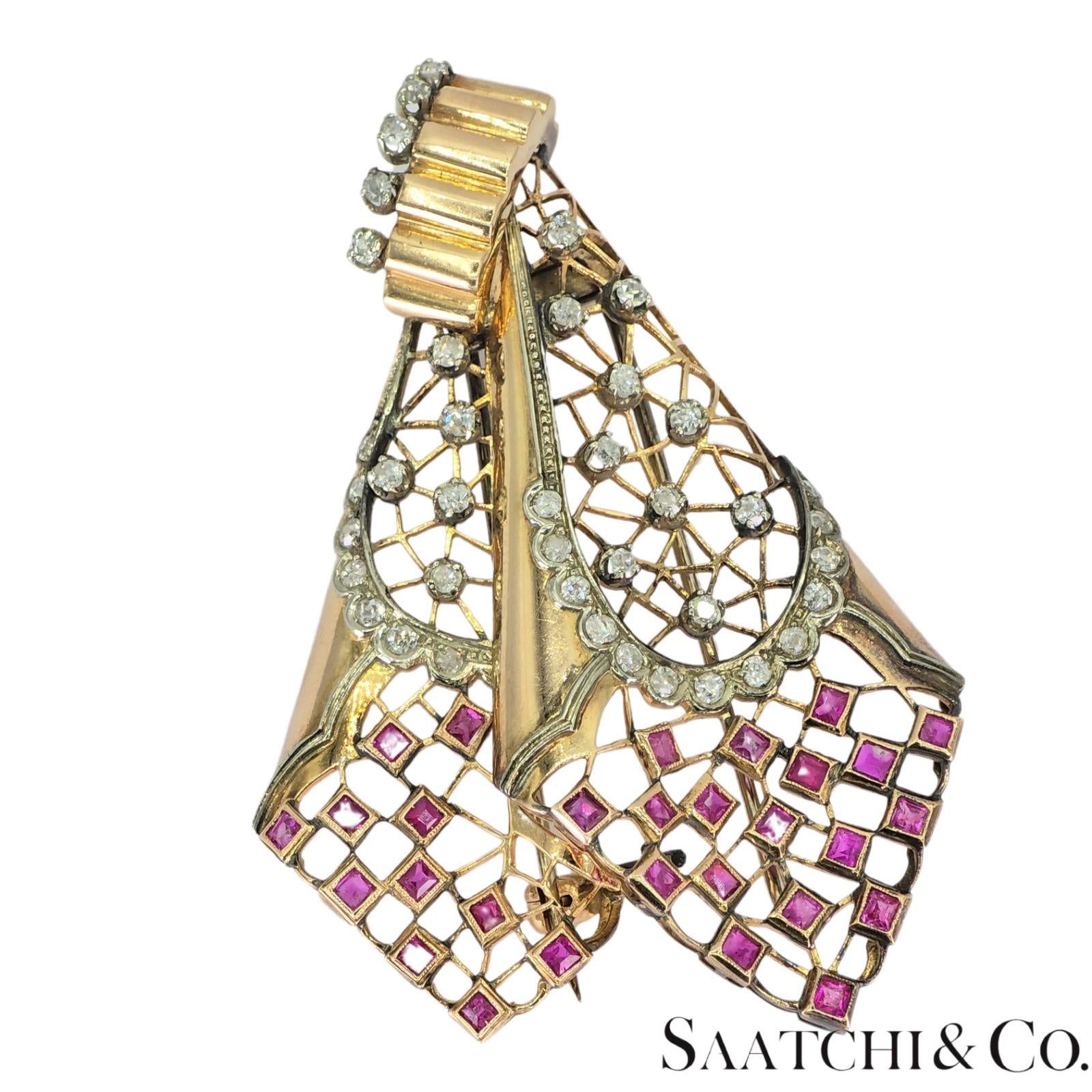 18k Vintage Pink And White Gold Natural Diamond and Pink Sapphire: Pin/ Brooch