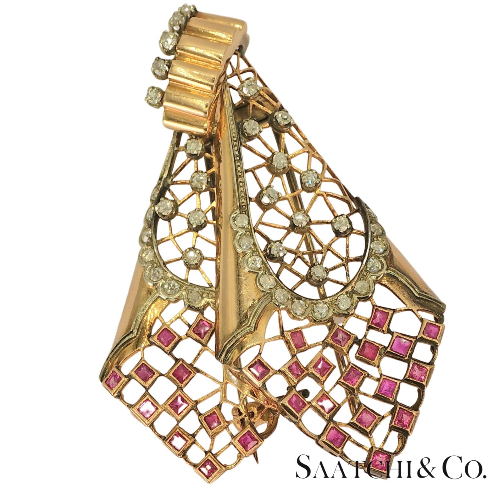 18k Vintage Pink And White Gold Natural Diamond and Pink Sapphire: Pin/ Brooch