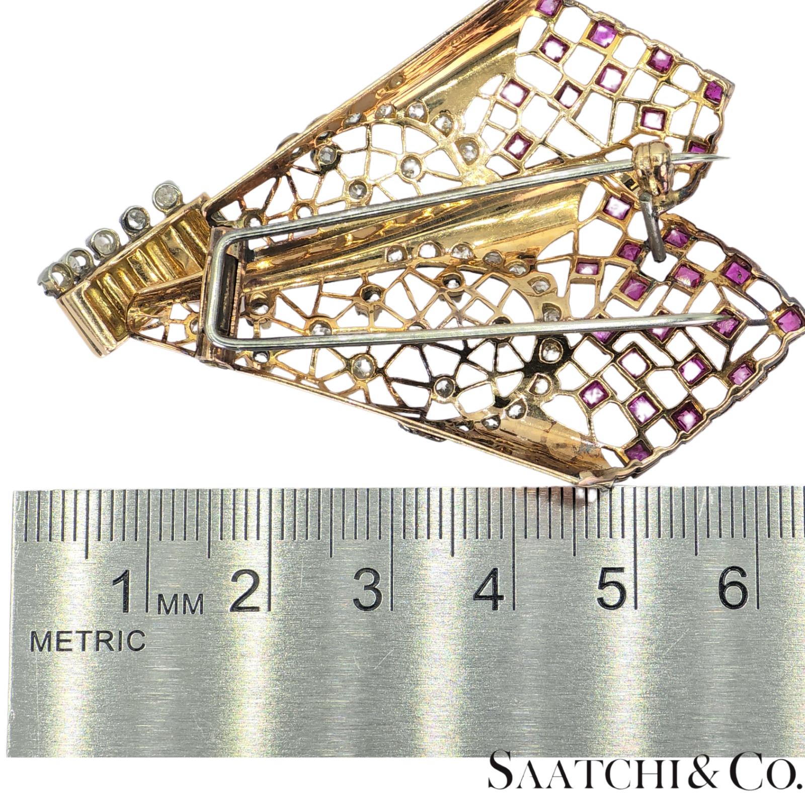 18k Vintage Pink And White Gold Natural Diamond and Pink Sapphire: Pin/ Brooch