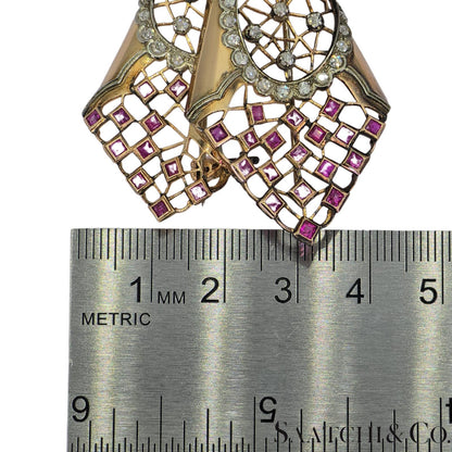 18k Vintage Pink And White Gold Natural Diamond and Pink Sapphire: Pin/ Brooch